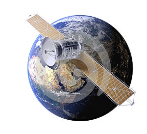 Space satellite communication in orbit around Earth. 3d render orbital sputnik isolated illustration. Elements of this image are