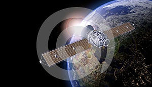 Space satellite communication in orbit around Earth globe. 3d render orbital sputnik illustration. Elements of this image are