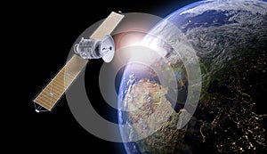 Space satellite communication in orbit around Earth globe. 3d render orbital sputnik illustration. Elements of this image are