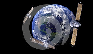 Space satellite communication in orbit around Earth globe. 3d render orbital sputnik illustration. Elements of this image are