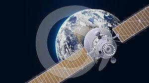 Space satellite communication in orbit around Earth globe. 3d render orbital sputnik illustration. Elements of this image are