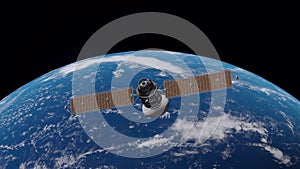 Space satellite communication orbiting Earth globe. Slowly moving. Full hd resolution 3d animation. Elements of this render are