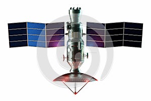 Space satellite with dish antenna and solar panels Isolated on a white background. Telecommunications, high-speed Internet,