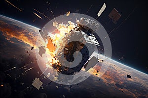 Space satellite explodes on Earth orbit, spacecraft was attacked, generative AI