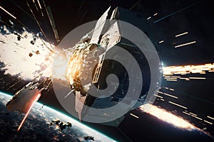 Space satellite explodes in Earth orbit, spacecraft was attacked, illustration, generative AI