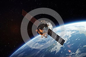 Space satellite moving outer the space with Earth plant background, satellite orbit for sending signals to ground, spaceship sci