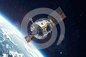 Space satellite moving outer the space with Earth plant background, satellite orbit for sending signals to ground, spaceship sci