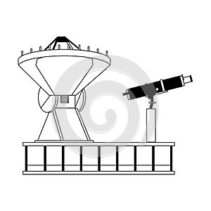 Space satellite and telescope on plataform in black and white