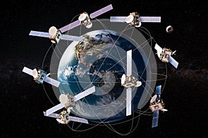 Space satellites in orbits around the Earth Globe, 3D rendering