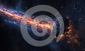 A space scene with a comet and a large rock