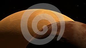 Space scene, large smooth orange planet looming over a cratered moon against a starry sky backdrop. 3d render