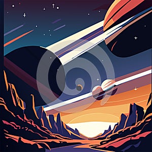 Space scene with planets and stars, cartoon vector illustration, space landscape with flying saucer, planet and stars AI Generated