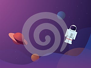 Space scene vector background with planets and astronaut flying in space. Website banner or wallpaper.