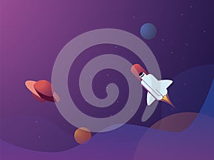 Space scene vector background with planets and space shuttle flying in space. Website banner or wallpaper.
