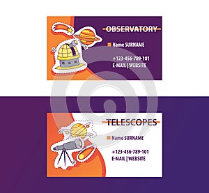 Space science business card for observatory or astronomy equipment shop vector illustration. Contact information