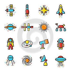Space science linear bright coloured vector icons