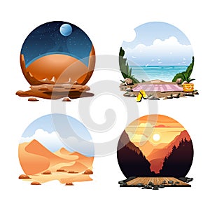 Space, sea, desert and mountains landscapes set.