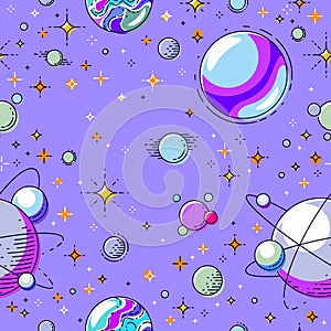 Space seamless background with planets, stars, asteroids and comets, undiscovered galaxy cosmic fantastic and interesting textile