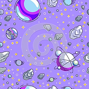 Space seamless background with planets, stars, asteroids and comets, undiscovered galaxy cosmic fantastic and interesting textile