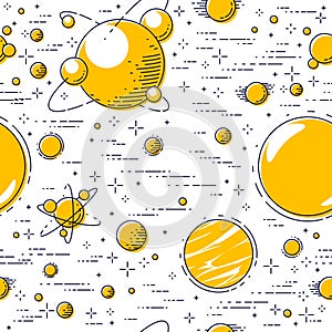 Space seamless background with planets, stars, asteroids and comets, undiscovered galaxy cosmic fantastic and interesting textile