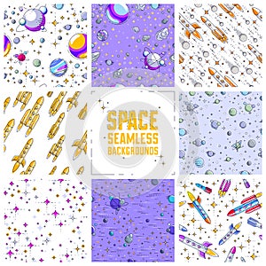 Space seamless background with rockets, planets, asteroids, comets, meteors and stars, undiscovered galaxy fantastic textile photo