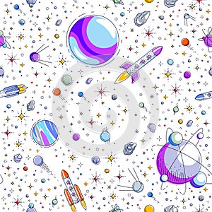 Space seamless background with rockets, planets and stars, undiscovered galaxy cosmic fantastic and interesting textile fabric