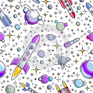 Space seamless background with rockets, planets and stars, undiscovered galaxy cosmic fantastic and interesting textile fabric