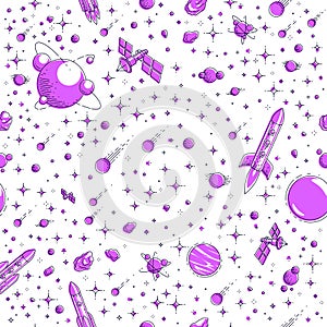 Space seamless background with rockets, planets and stars, undiscovered galaxy cosmic fantastic and interesting textile fabric for