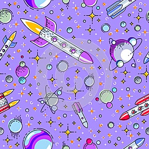 Space seamless background with rockets, planets and stars, undiscovered galaxy cosmic fantastic and interesting textile fabric for