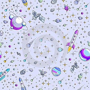 Space seamless background with rockets, planets and stars, undiscovered galaxy cosmic fantastic and interesting textile fabric for