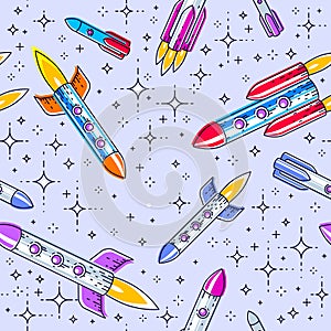 Space seamless background with rockets and stars, undiscovered galaxy cosmic fantastic and interesting textile fabric for children