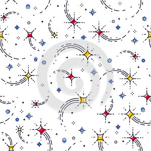 Space seamless background with stars, shooting stars, falling stars, undiscovered galaxy cosmic fantastic and interesting textile