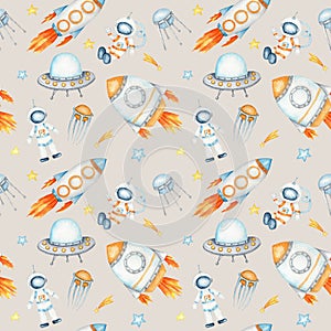 Space Seamless pattern with Astronaut, cosmonaut, Space rocket, Flying saucer UFO, Spaceship, alien, Unidentified flying