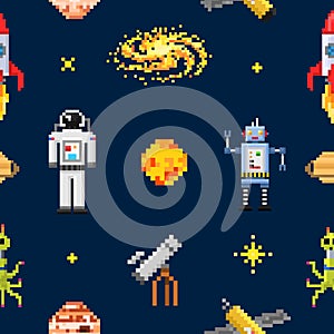 Space seamless pattern background, alien spaceman, robot