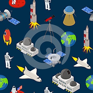 Space Seamless Pattern Background Isometric View. Vector