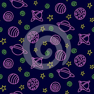 Space seamless pattern. Cartoon pink green yellow outline planets and stars isolated on black background. Vector cosmic texture.
