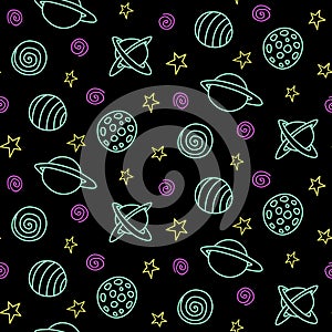 Space seamless pattern. Cartoon pink green yellow outline planets and stars isolated on black background. Vector cosmic texture.