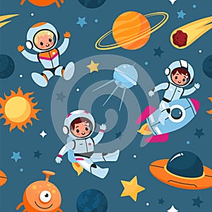 Space seamless pattern. Cosmic objects and little astronauts, cute children in spacesuits, alien and ufo on blue