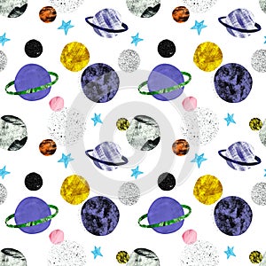 Space seamless pattern with hand painted stars and planets on white background. Cosmos and galaxy illustration. hand drawn