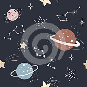 Space seamless pattern for kids with planets,  constellations and stars