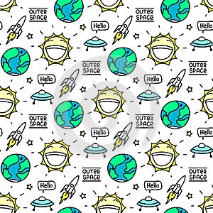 Space seamless pattern with planet earth, sun, flying saucer, inscription, rocket, star, lightning.
