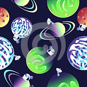 space seamless pattern with planets on which observatories and satellite dishes