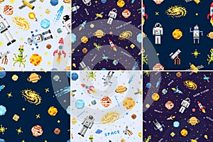 Space seamless pattern set background, alien spaceman,