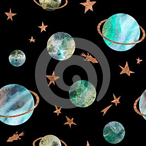 Space seamless pattern. Watercolor illustration. Isolated on a black background. For design.