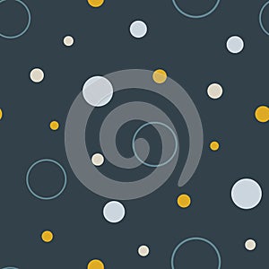 Space seamless repeat pattern. Hand-drawn dots and circles in different sizes on a dark blue background, vector