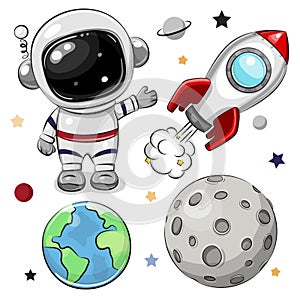 Space set of astronaut, rocket and planets