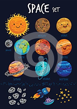 Space set. Collection of cute cartoon planet