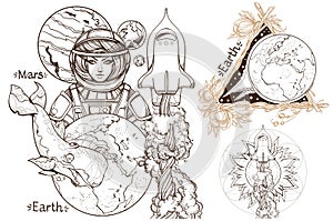 Space. A set of outline illustrations with sketches of tattoos