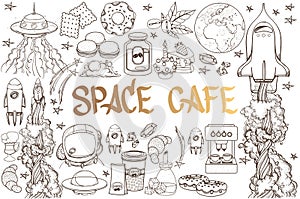 Space. A set of outline illustrations with sketches of tattoos