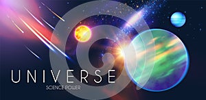 Space Shining Backgrouns with Realistic 3D Planets and Stars. Univerce and Cosmos Design. Light of a Galaxy. Science